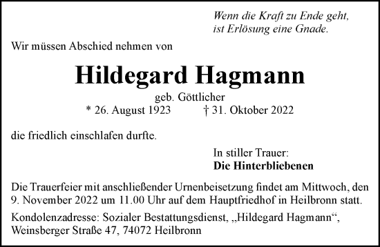 Traueranzeige von Hildegard Hagmann von Heilbronner Stimme