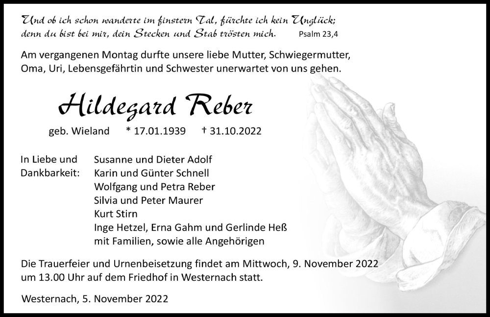  Traueranzeige für Hildegard Reber vom 05.11.2022 aus Heilbronner Stimme