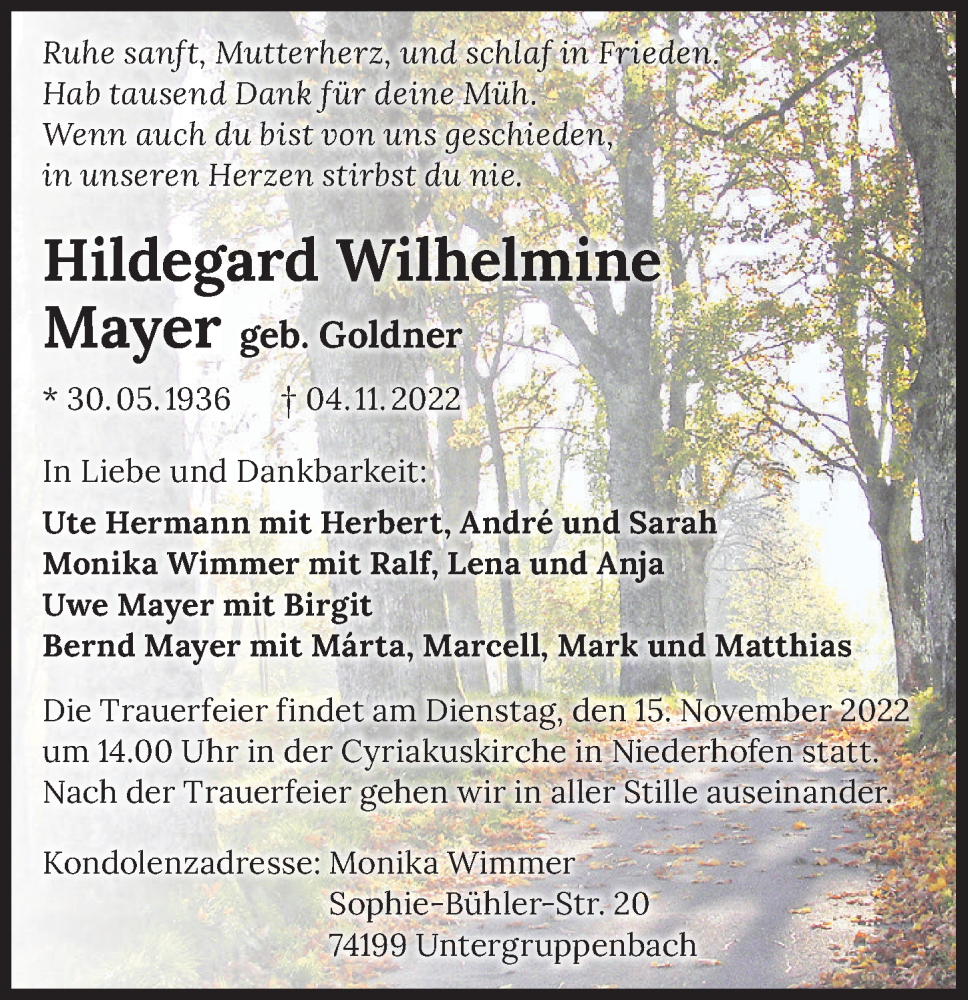  Traueranzeige für Hildegard Wilhelmine Mayer vom 12.11.2022 aus Heilbronner Stimme