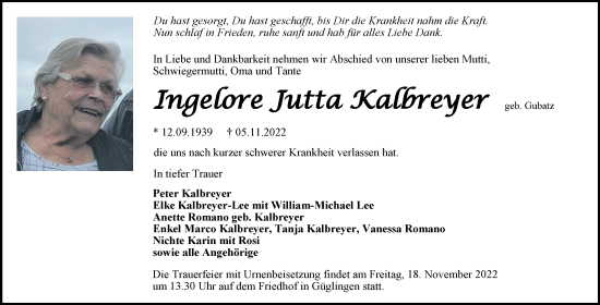 Traueranzeige von Ingelore Jutta Kalbreyer von Heilbronner Stimme