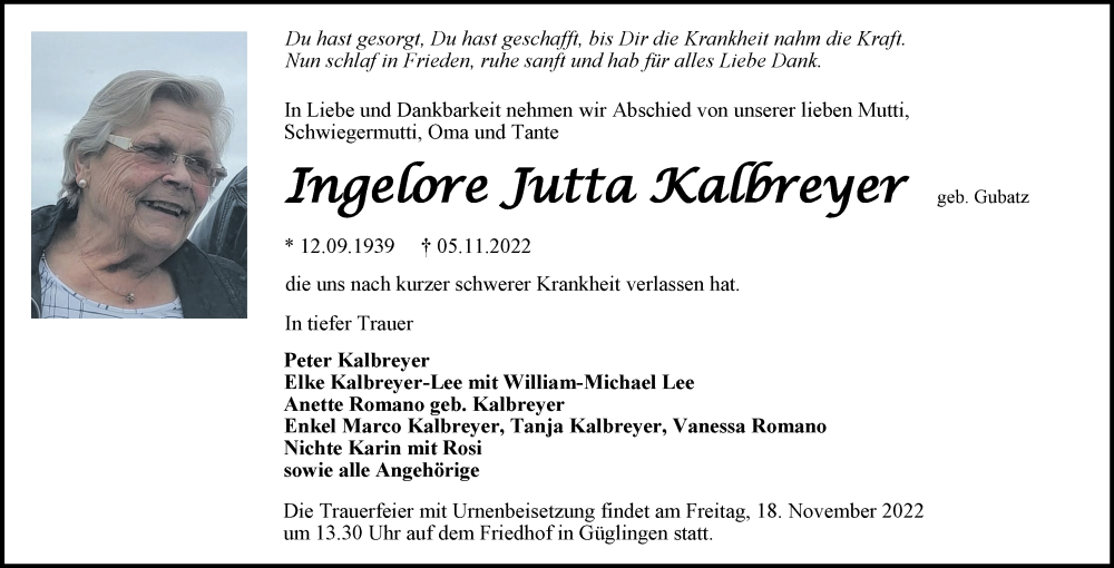  Traueranzeige für Ingelore Jutta Kalbreyer vom 12.11.2022 aus Heilbronner Stimme