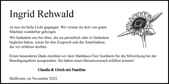 Traueranzeige von Ingrid Rehwald von Heilbronner Stimme