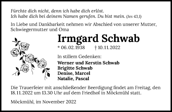 Traueranzeige von Irmgard Schwab von Heilbronner Stimme