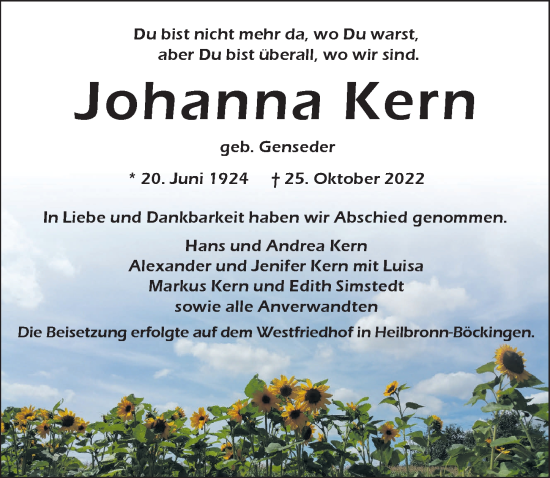 Traueranzeige von Johanna Kern von Heilbronner Stimme