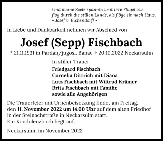 Traueranzeige von Josef Fischbach von Heilbronner Stimme