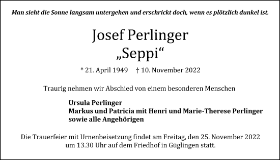 Traueranzeige von Josef Perlinger von Heilbronner Stimme