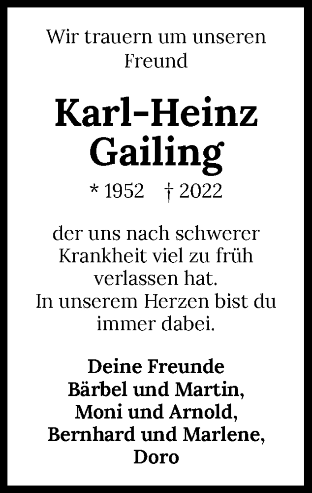  Traueranzeige für Karl-Heinz Gailing vom 26.11.2022 aus GESAMT