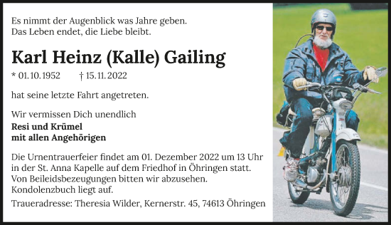 Traueranzeige von Karl-Heinz Gailing von GESAMT