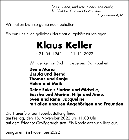 Traueranzeige von Klaus Keller von Heilbronner Stimme