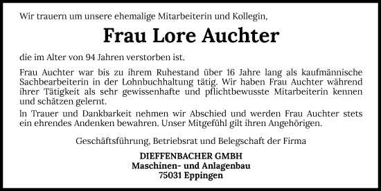 Traueranzeige von Lore Auchter von Heilbronner Stimme