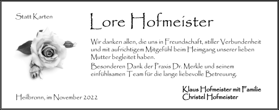 Traueranzeige von Lore Hofmeister von Heilbronner Stimme