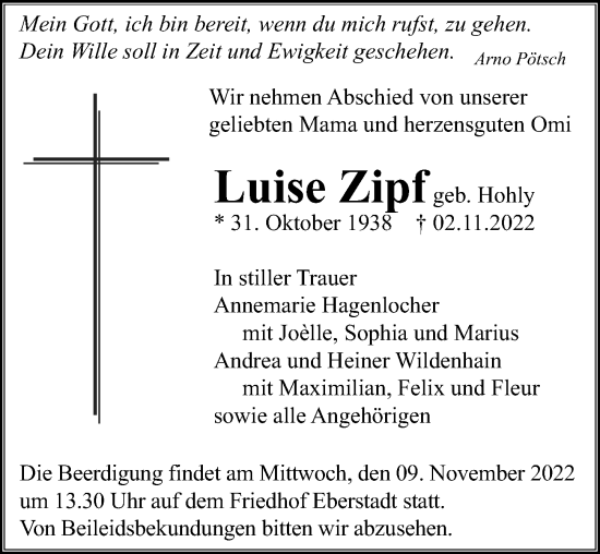 Traueranzeige von Luise Zipf von Heilbronner Stimme