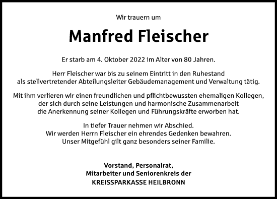 Traueranzeige von Manfred Fleischer von Heilbronner Stimme