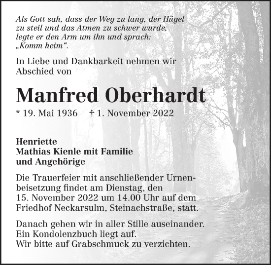 Traueranzeige von Manfred Oberhardt von Heilbronner Stimme