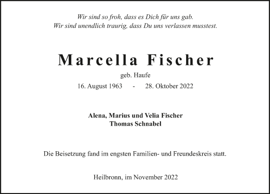 Traueranzeige von Marcella Fischer von GESAMT