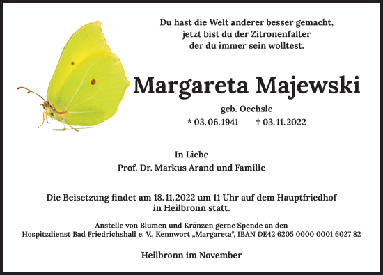 Traueranzeige von Margareta Majewski von Heilbronner Stimme