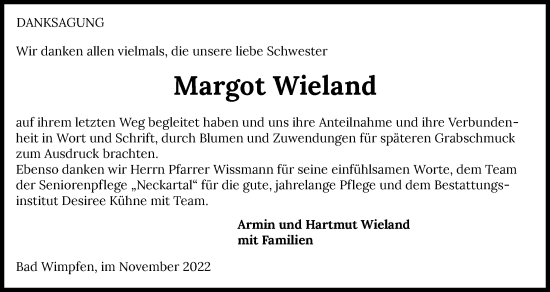 Traueranzeige von Margot Wieland von GESAMT