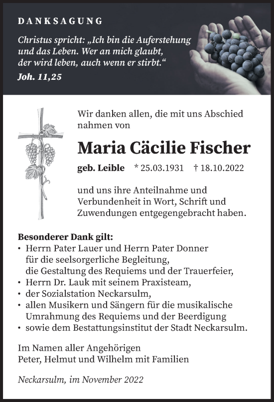 Traueranzeige von Maria Cäcilie Fischer von Heilbronner Stimme