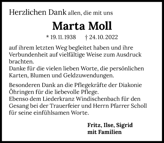 Traueranzeige von Marta Moll von Heilbronner Stimme