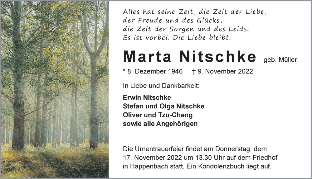  Traueranzeige für Marta Nitschke vom 12.11.2022 aus Heilbronner Stimme