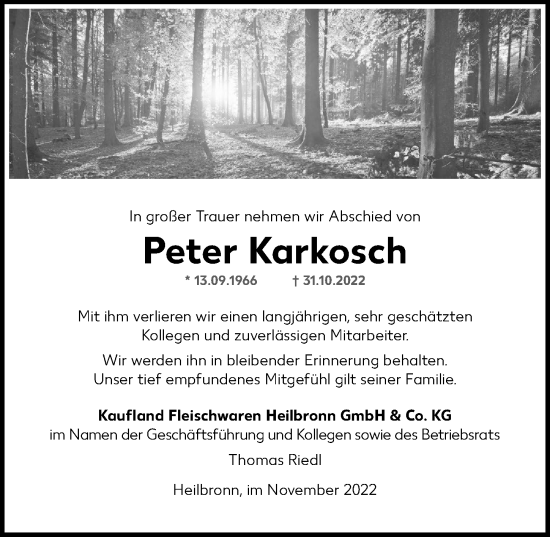 Traueranzeige von Peter Karkosch von Heilbronner Stimme