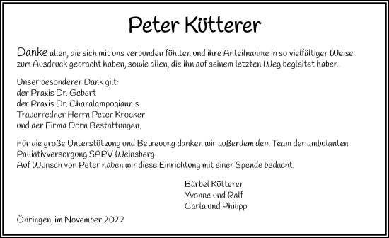 Traueranzeige von Peter Kütterer von Heilbronner Stimme