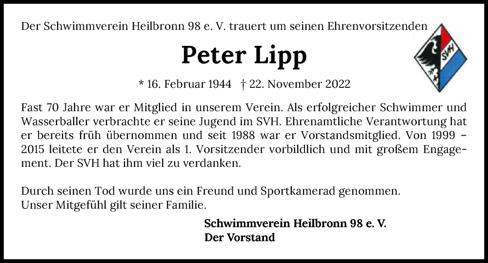  Traueranzeige für Peter Lipp vom 26.11.2022 aus GESAMT