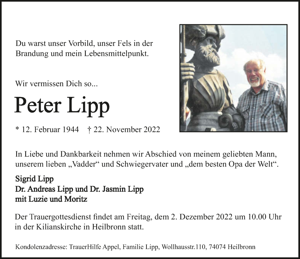  Traueranzeige für Peter Lipp vom 26.11.2022 aus GESAMT