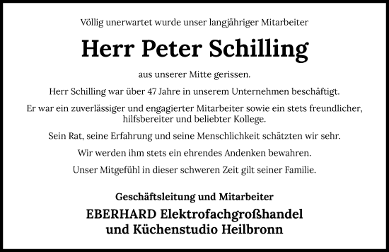 Traueranzeige von Peter Schilling von Heilbronner Stimme