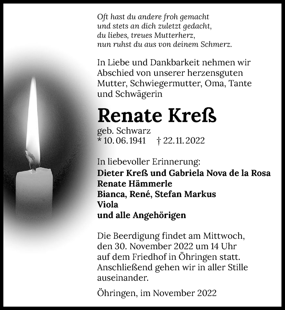  Traueranzeige für Renate Kreß vom 26.11.2022 aus GESAMT