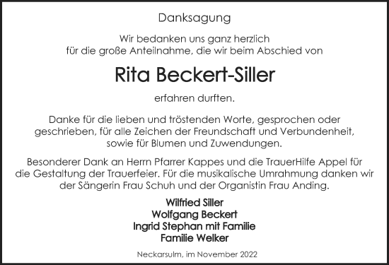 Traueranzeige von Rita Beckert-Siller von Heilbronner Stimme