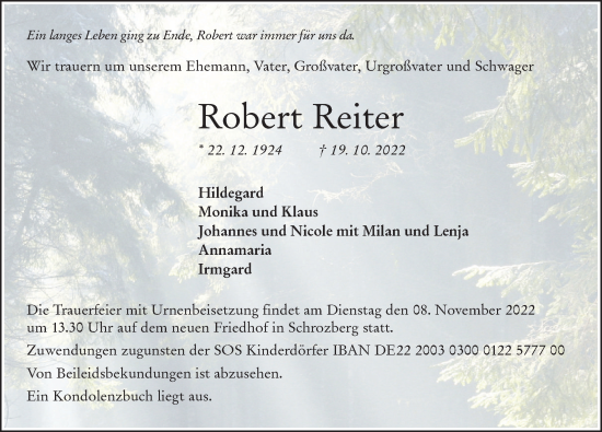 Traueranzeige von Robert Reiter von Heilbronner Stimme