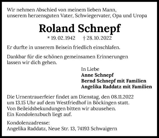 Traueranzeige von Roland Schnepf von Heilbronner Stimme