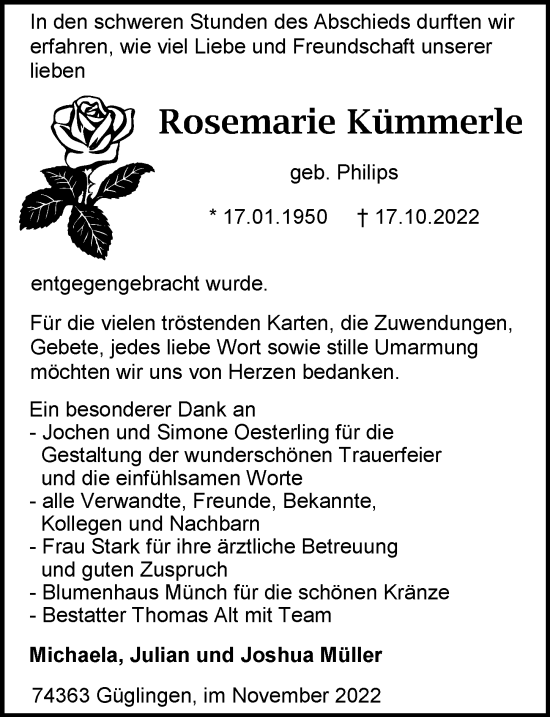 Traueranzeige von Rosemarie Kümmerle von Heilbronner Stimme