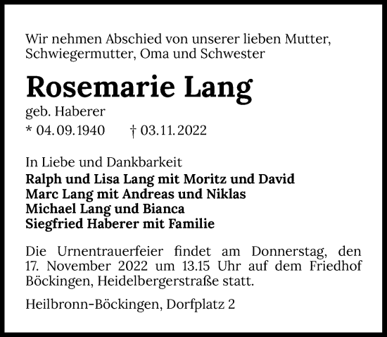 Traueranzeige von Rosemarie Lang von Heilbronner Stimme