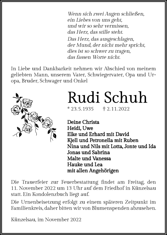 Traueranzeige von Rudi Schuh von Heilbronner Stimme