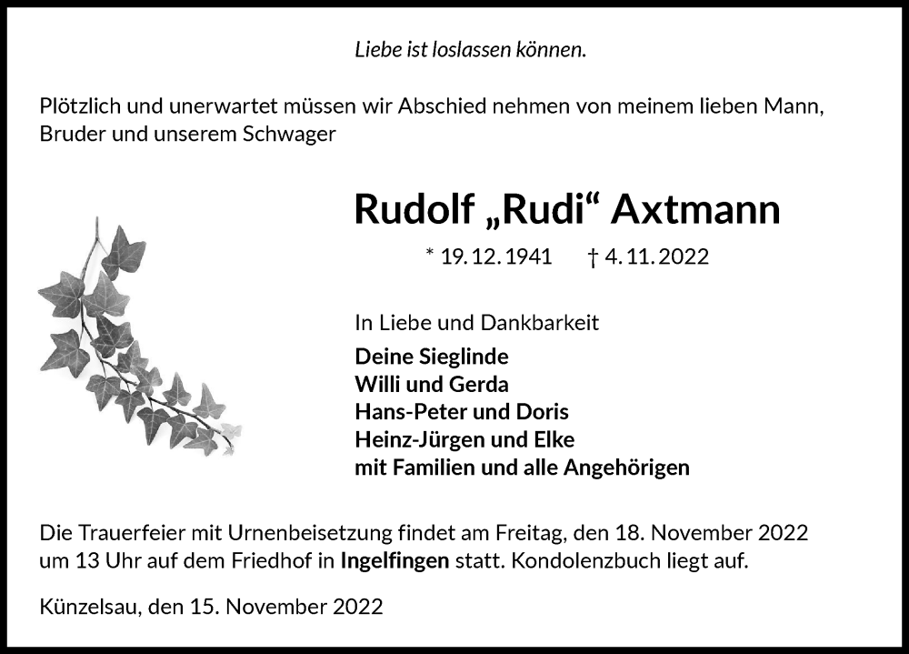  Traueranzeige für Rudolf Axtmann vom 15.11.2022 aus Heilbronner Stimme