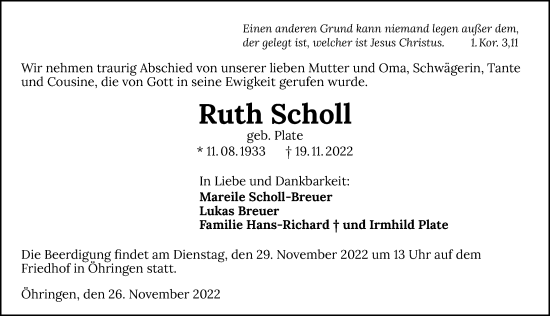 Traueranzeige von Ruth Scholl von GESAMT