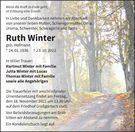 Traueranzeige von Ruth Winter von Heilbronner Stimme