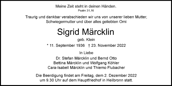 Traueranzeige von Sigrid Märcklin von GESAMT