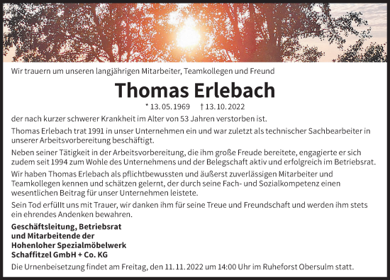 Traueranzeige von Thomas Erlebach von Heilbronner Stimme