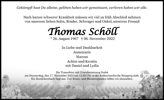 Traueranzeige von Thomas Schöll von Heilbronner Stimme