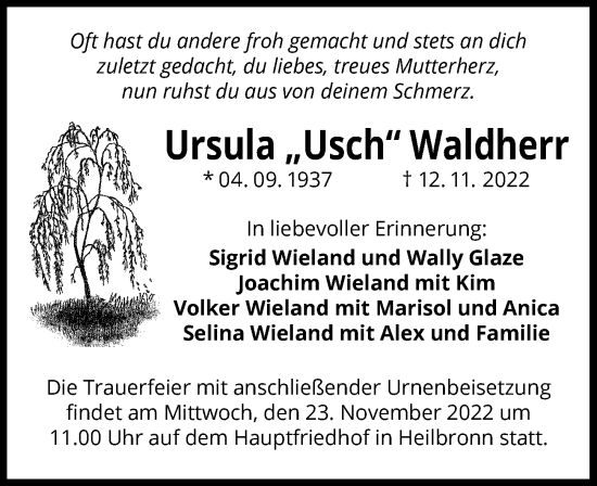 Traueranzeige von Ursula Waldherr von Heilbronner Stimme