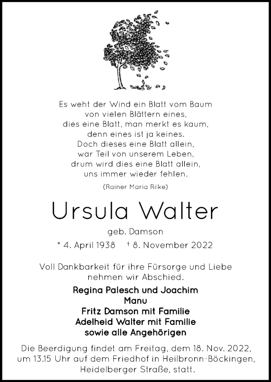 Traueranzeige von Ursula Walter von Heilbronner Stimme