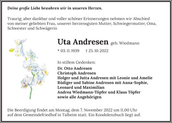 Traueranzeige von Uta Andresen von Heilbronner Stimme