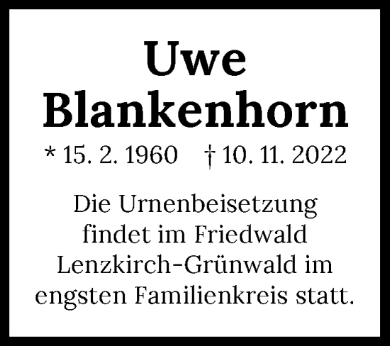 Traueranzeige von Uwe Blankenhorn von Heilbronner Stimme