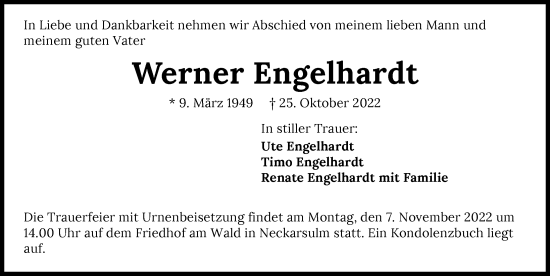 Traueranzeige von Werner Engelhardt von Heilbronner Stimme