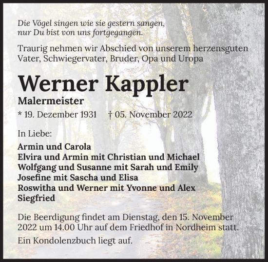 Traueranzeige von Werner Kappler von Heilbronner Stimme
