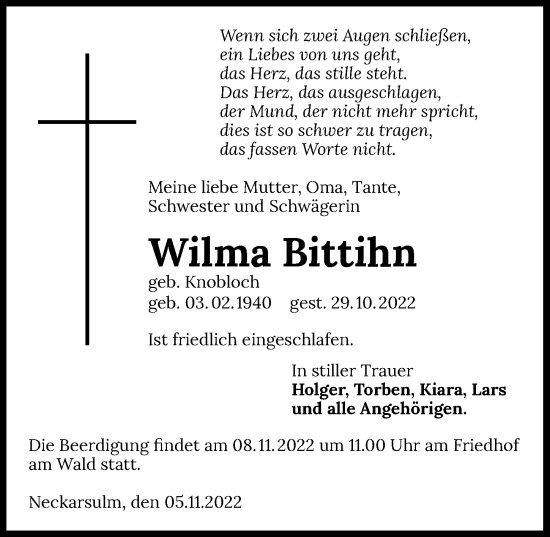 Traueranzeige von Wilma Bittihn von Heilbronner Stimme
