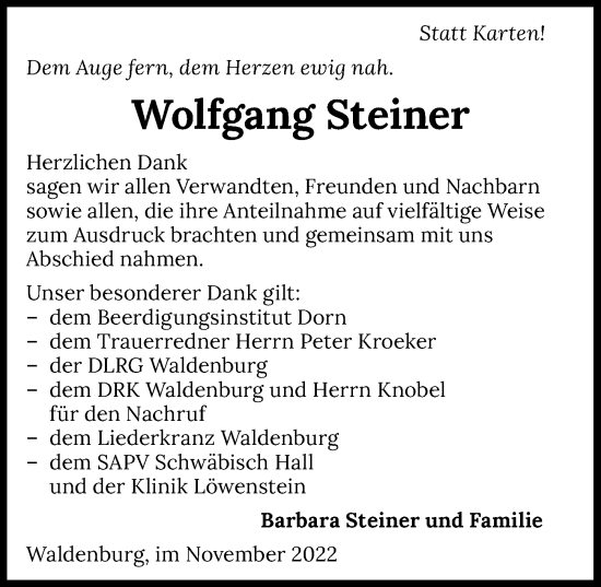 Traueranzeige von Wolfgang Steiner von Heilbronner Stimme